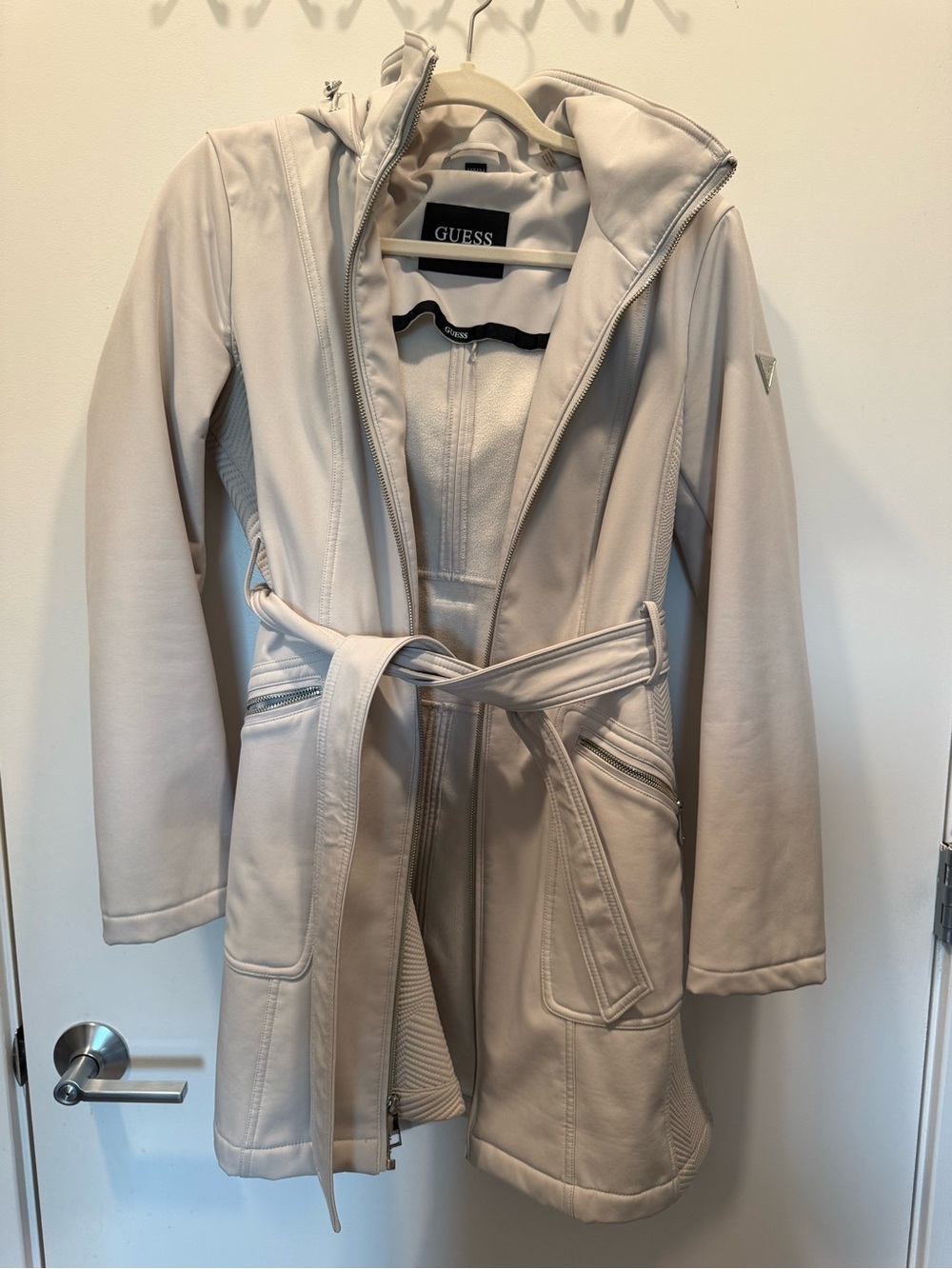 GUESS Women's Light Cream Hooded Belted Trench Coat